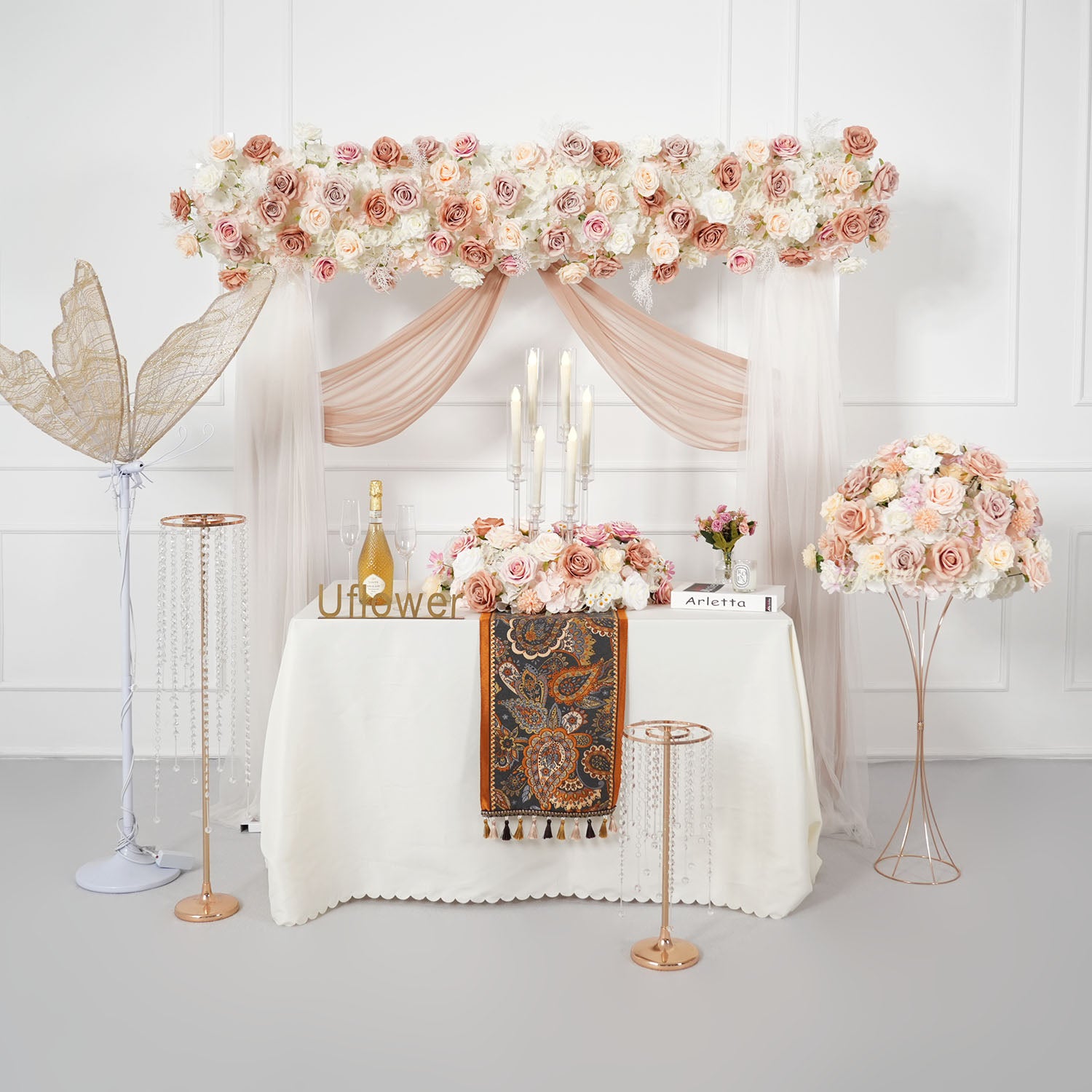 Uflower Champagne Pink Rose Arrangement Wedding Backdrop Floral Props